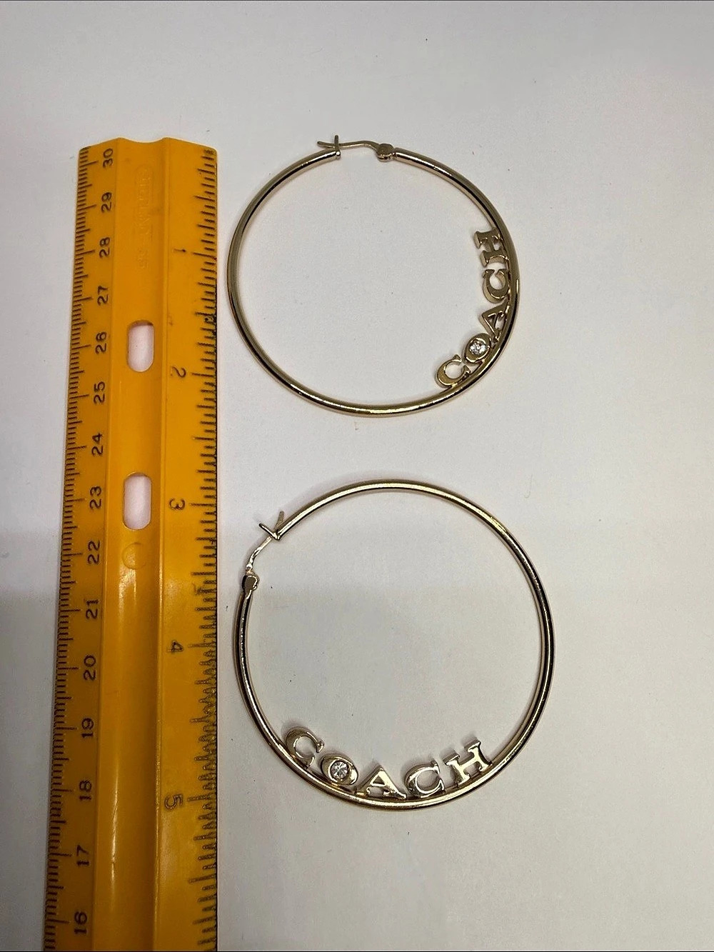 Coach Logo Script Pierce Hoop Earrings Gold-Tone & Clear Rhinestone - Picture 11 of 12